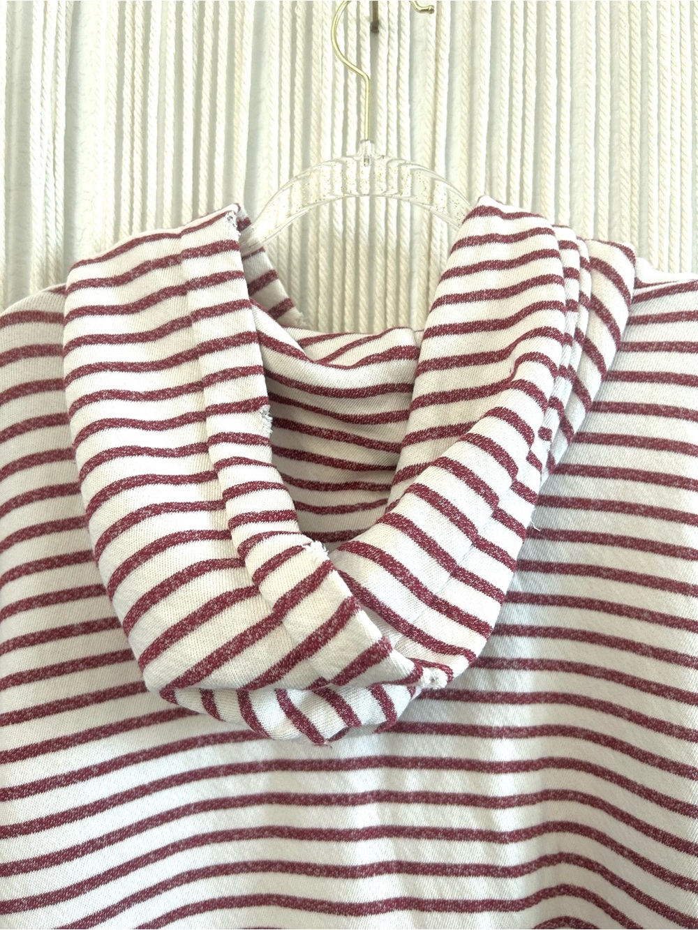 Sun Days BurgundyIvory Striped Hooded Poncho Top Distressed Trim Boho Oversized - Picture 10 of 12